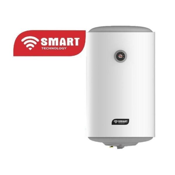 White vertical electric water heater with a round front thermostat and a red SMART TECHNOLOGY banner.
