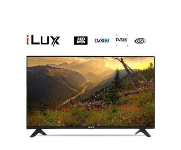 iLux TV showing a mountain landscape with wildflowers; logos above include HD Ready, DVB-T2, DVB-S2, USB and iLux brand
