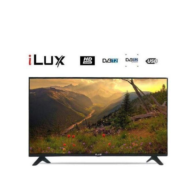 iLux TV showing a mountain landscape with wildflowers; logos above include HD Ready, DVB-T2, DVB-S2, USB and iLux brand