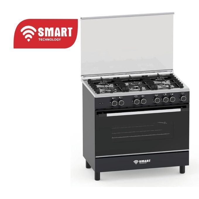 Freestanding gas range with six burners, open lid, and built-in oven; SMART Technology branding in the top-left corner.