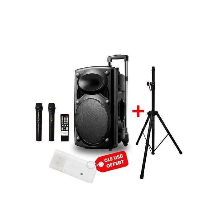 Karaoke speaker bundle with two wireless mics, remote, USB drive, and a tripod stand shown together.