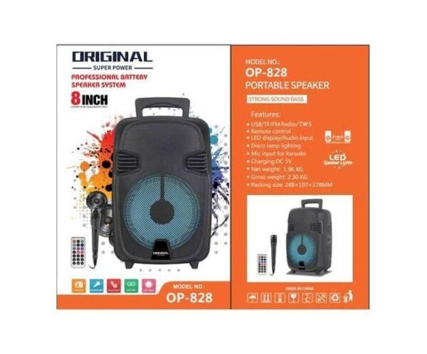 Packaging box for an 8-inch portable speaker (OP-828) showing a black speaker with a blue grille, remote, and orange feature panel with product info.