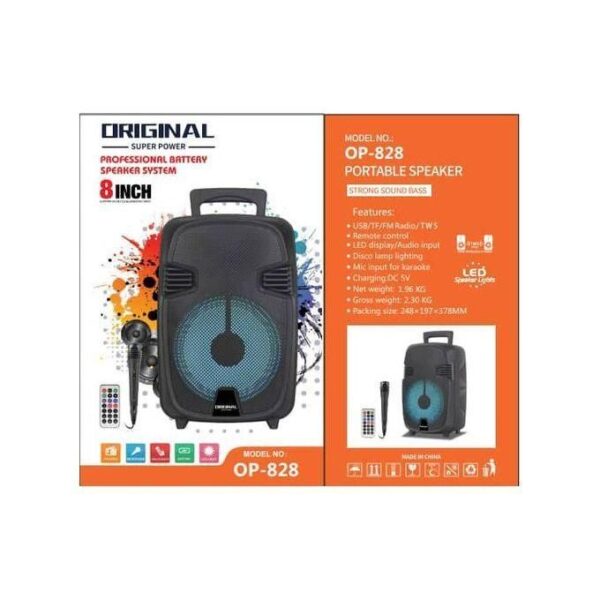 Packaging box for an 8-inch portable speaker (OP-828) showing a black speaker with a blue grille, remote, and orange feature panel with product info.