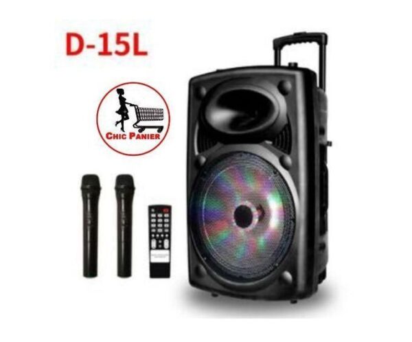D-15L portable party speaker in black with a rainbow-speckled front, accompanied by two wireless microphones, a remote, and a Chic Panier logo badge