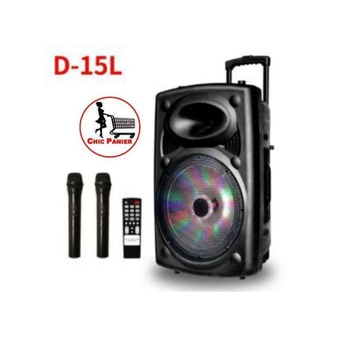 D-15L portable party speaker in black with a rainbow-speckled front, accompanied by two wireless microphones, a remote, and a Chic Panier logo badge