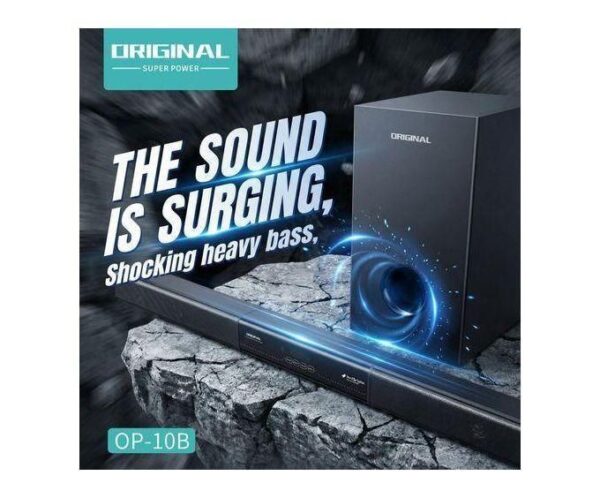 Original brand audio promo showing a soundbar and subwoofer on a rocky platform with the slogan 'The sound is surging, shocking heavy bass' (OP-10B).