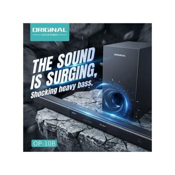 Original brand audio promo showing a soundbar and subwoofer on a rocky platform with the slogan 'The sound is surging, shocking heavy bass' (OP-10B).