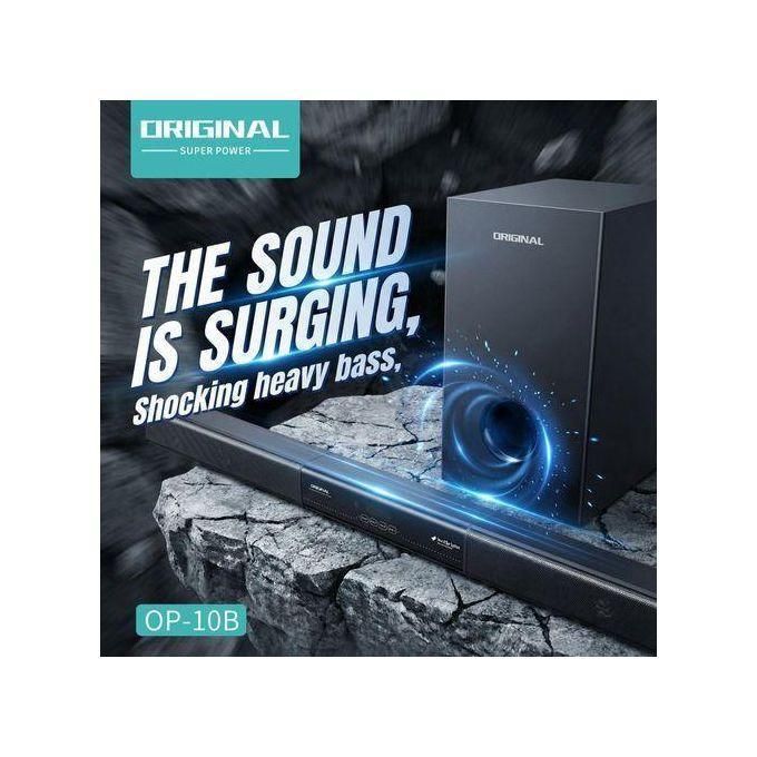 Original brand audio promo showing a soundbar and subwoofer on a rocky platform with the slogan 'The sound is surging, shocking heavy bass' (OP-10B).