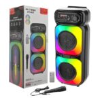 Twin portable Bluetooth speaker with rainbow LED panels, box packaging, remote control, and car power adapter included.