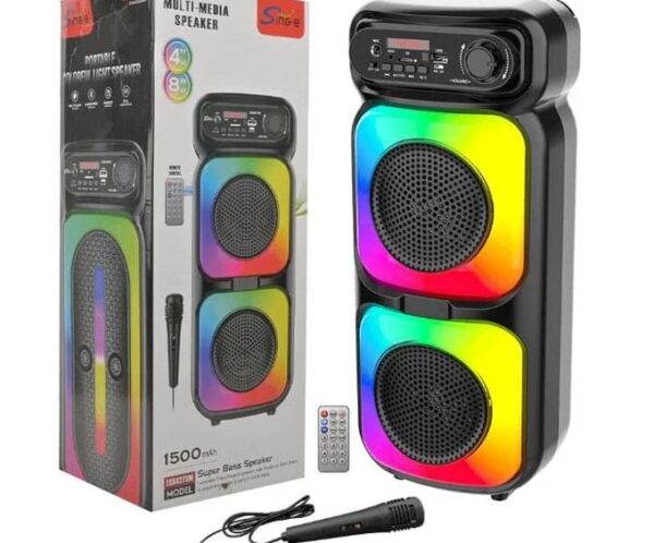 Twin portable Bluetooth speaker with rainbow LED panels, box packaging, remote control, and car power adapter included.