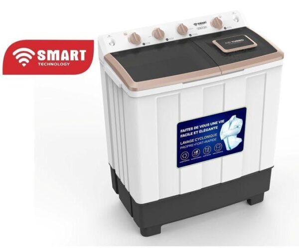 Top-loading washing machine with a white body and beige trim, control panel on top, and a front blue label sticker visible. The Smart Technology logo sits to the left.