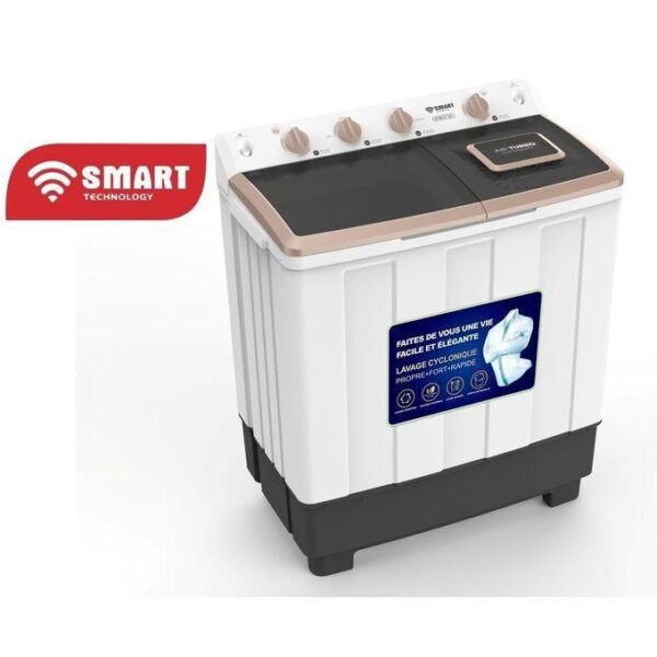 Top-loading washing machine with a white body and beige trim, control panel on top, and a front blue label sticker visible. The Smart Technology logo sits to the left.