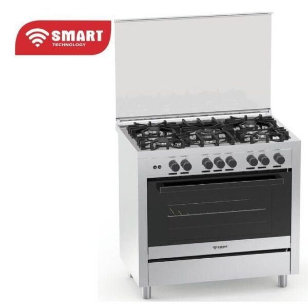 Six-burner gas range with a front oven and open lid; stainless steel, Smart Technology branding.
