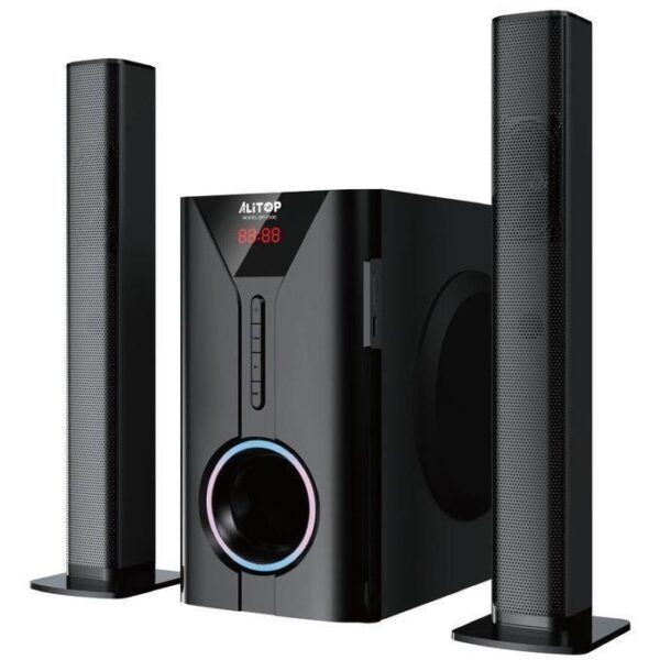 Black 2.1 speaker system with a glossy subwoofer and two tall satellite speakers; features an LED display on the front of the subwoofer.
