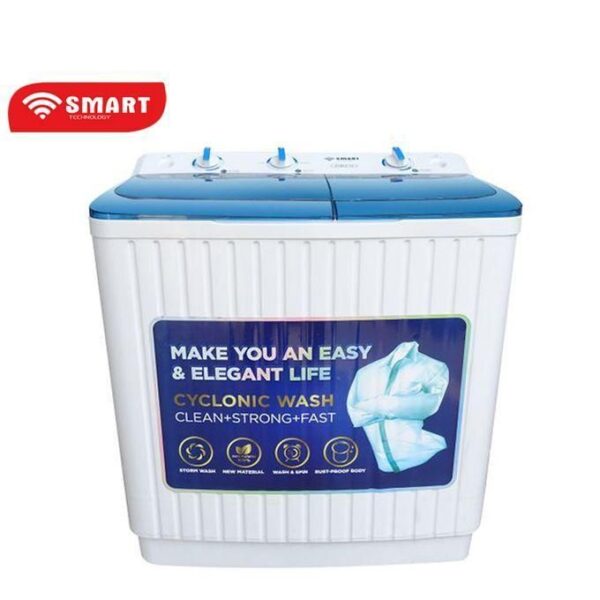 Top-loading washing machine with a blue lid and a promotional label reading 'Cyclonic Wash' on the front panel