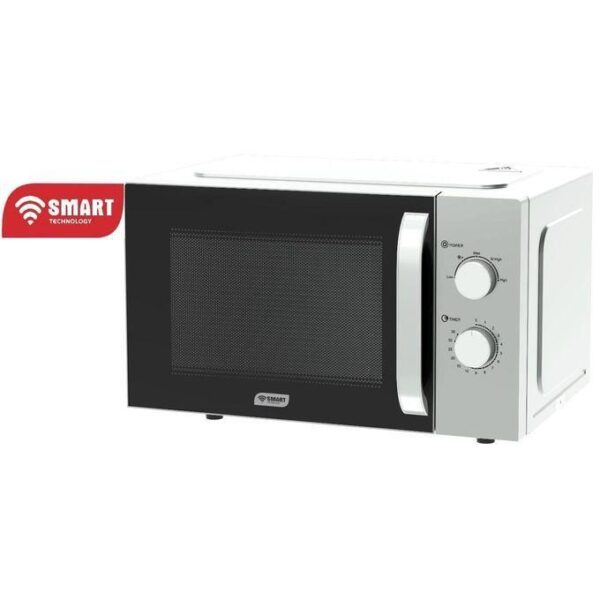 Compact microwave oven with a black front door, silver handle, and two control dials on the right; branded SMART Technology logo on the left.