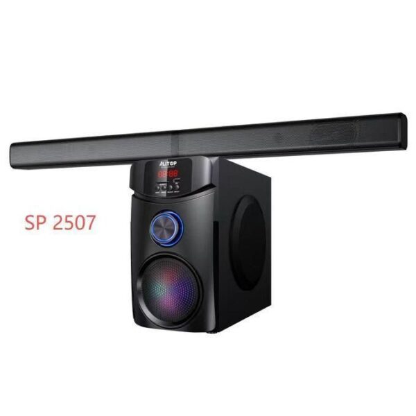 Soundbar with attached subwoofer system labeled SP 2507; modern black speaker setup with LED controls.
