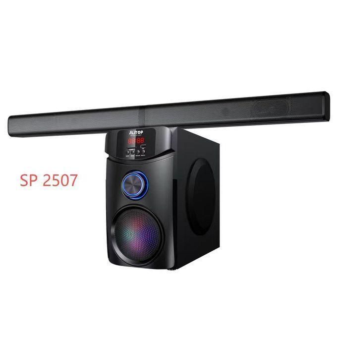 Soundbar with attached subwoofer system labeled SP 2507; modern black speaker setup with LED controls.