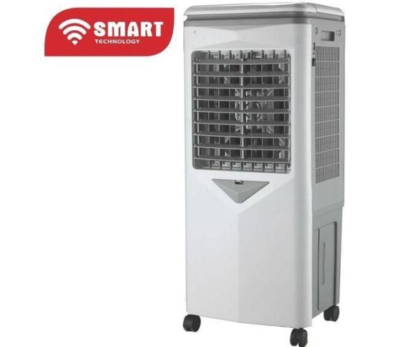 White portable evaporative cooler on caster wheels with a vented front grille and SMART TECHNOLOGY branding on the top left.