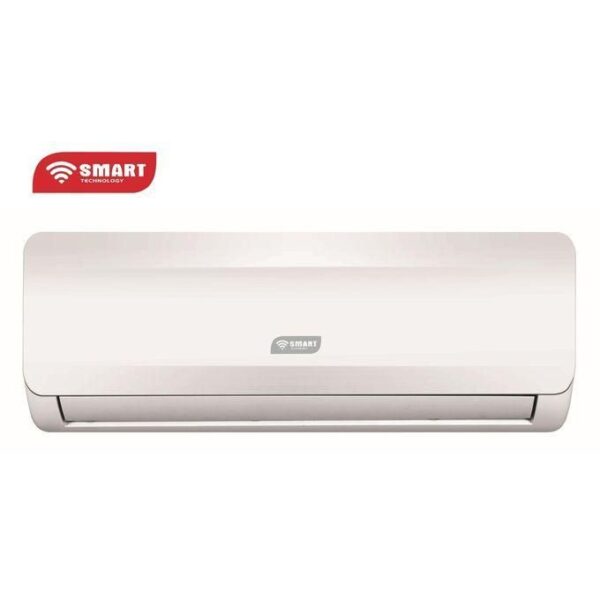 White wall-mounted split air conditioner unit with a small SMART branding badge on the front panel and curved edges.