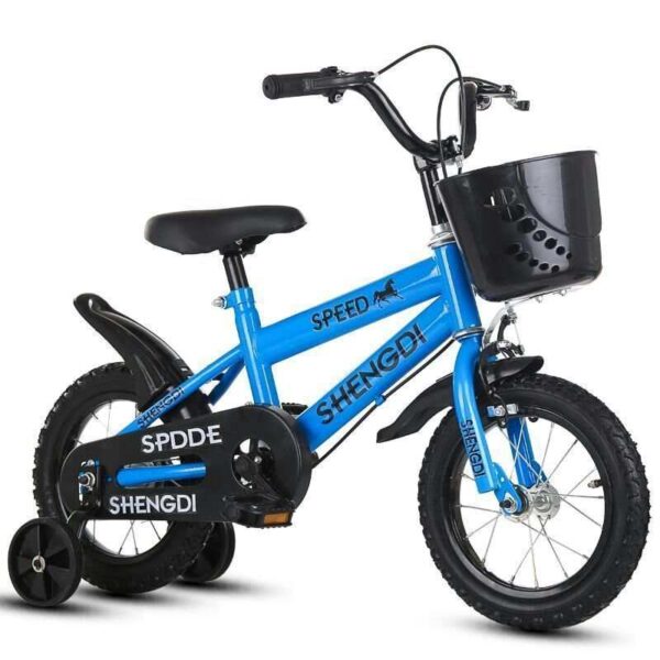 Blue children's bike with training wheels, front basket, and black chain guard for beginners