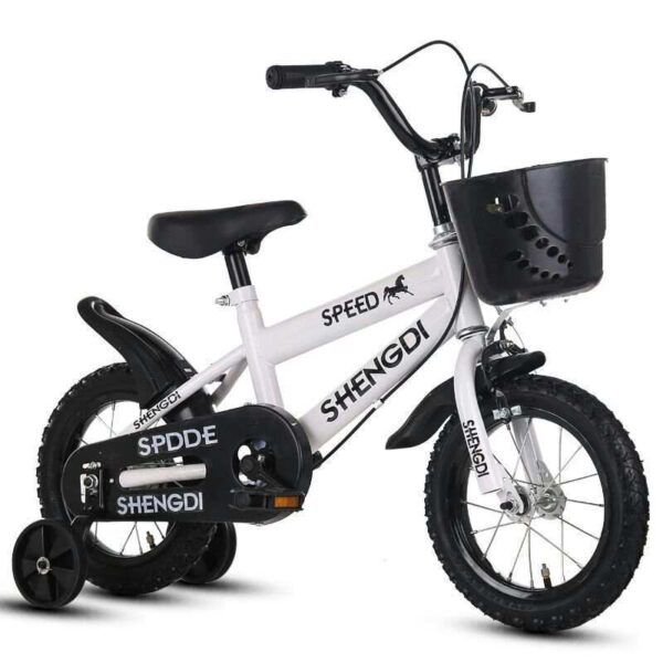 White kids' bicycle with training wheels and a front basket, black handlebars and seat.