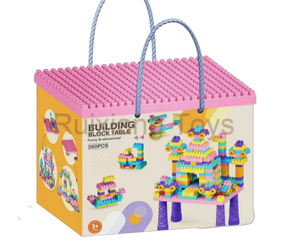 Colorful building-block toy box with pink lid and blue rope handles, showing 360-piece set on the front label