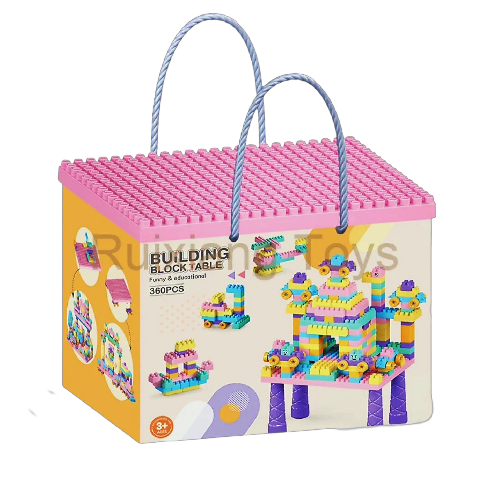 Colorful building-block toy box with pink lid and blue rope handles, showing 360-piece set on the front label