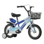 Blue and light-blue children’s bicycle with training wheels, front basket, and water bottle holder.
