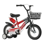 Red and black kids' bicycle with training wheels, front basket, and water bottle attached to the frame for commuting or learning to ride.