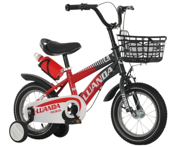 Red and black kids' bicycle with training wheels, front basket, and water bottle attached to the frame for commuting or learning to ride.