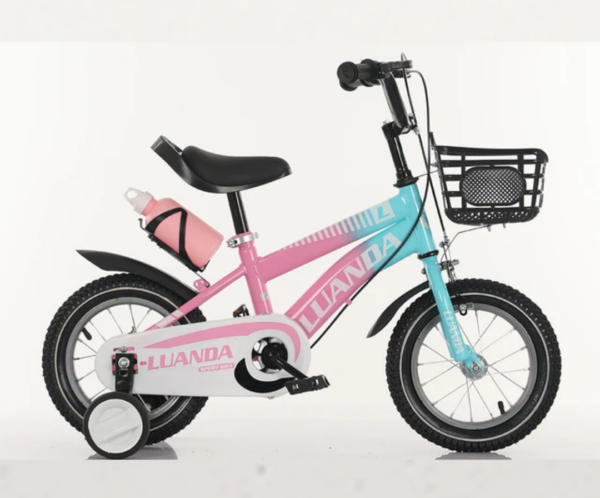 Child's pink-and-teal bicycle with training wheels, front basket, water bottle, and black saddle.