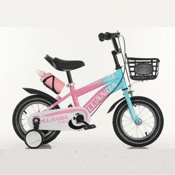 Child's pink-and-teal bicycle with training wheels, front basket, water bottle, and black saddle.
