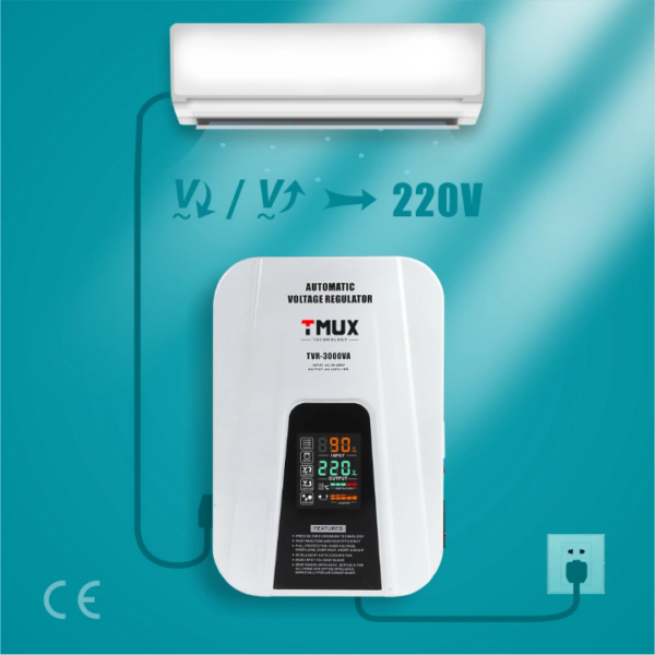 Air conditioner connected to a white automatic voltage regulator mounted on a teal wall, with 220V output shown between them, and a power cord plugged in at the bottom left.",