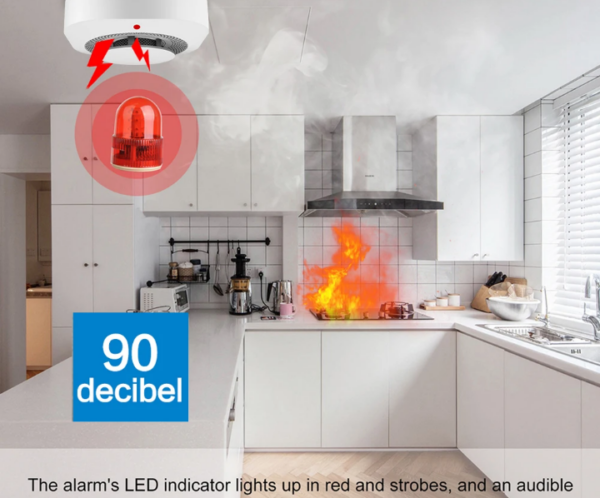 Smart home kitchen fire alarm with a red LED strobe and audible siren, shown above a stove on fire; the alarm sends an alert via the Tuya app over Wi‑Fi (90 dB).