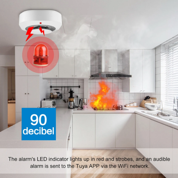 Smart home kitchen fire alarm with a red LED strobe and audible siren, shown above a stove on fire; the alarm sends an alert via the Tuya app over Wi‑Fi (90 dB).