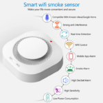 Infographic of a smart Wi‑Fi smoke sensor with features: Alexa/Google Home compatibility, real‑time detection, Wi‑Fi control, alarms, and low power consumption.