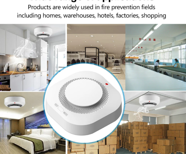 White circular smoke detector with blue ring over a collage of homes, offices, hotels, shops, and warehouses.