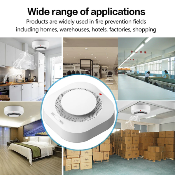 White circular smoke detector with blue ring over a collage of homes, offices, hotels, shops, and warehouses.