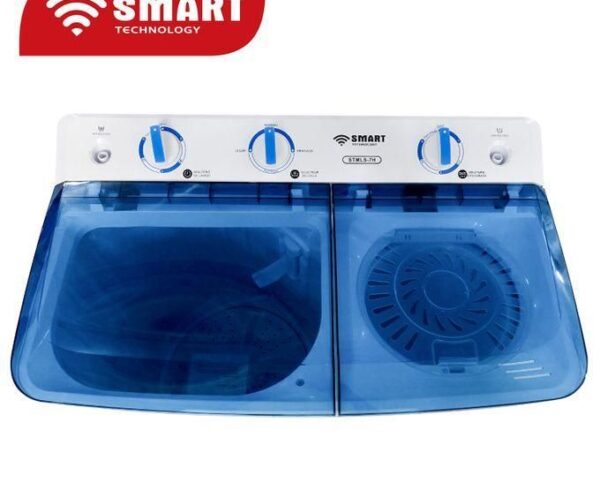 Front view of a twin-drum washer-dryer with blue-tinted doors, white control panel, and 'SMART TECHNOLOGY' logo above left.