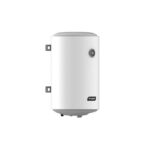 White vertical electric water heater with wall brackets on the left and a round front thermostat.