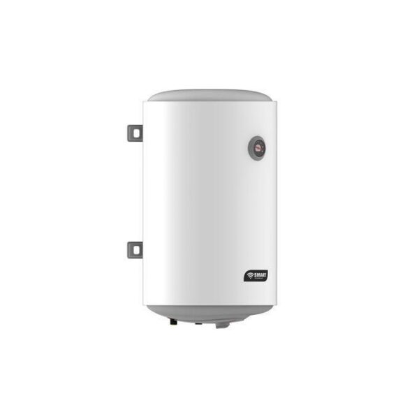 White vertical electric water heater with wall brackets on the left and a round front thermostat.
