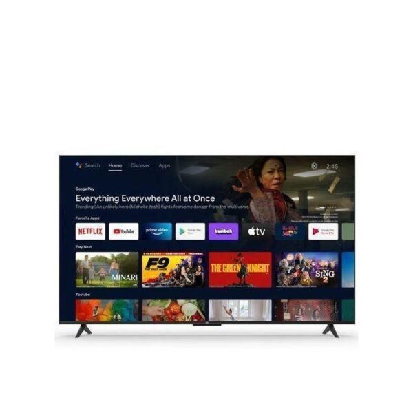 Smart TV home screen with app icons and a banner for Everything Everywhere All at Once above thumbnails of content on the bottom shelf.