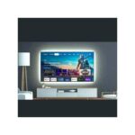 TV mounted on a modern media console showing streaming content, including The Mandalorian, in a contemporary living room