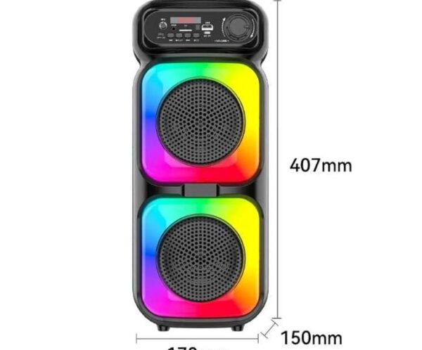 Portable Bluetooth speaker with two rainbow-lit panels and a top control panel (407 mm tall).