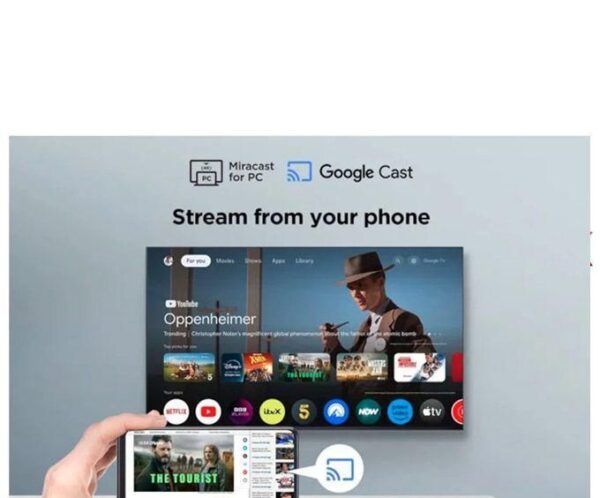 A hand holds a smartphone casting content to a large TV screen via Google Cast and Miracast, with streaming apps visible on the TV.