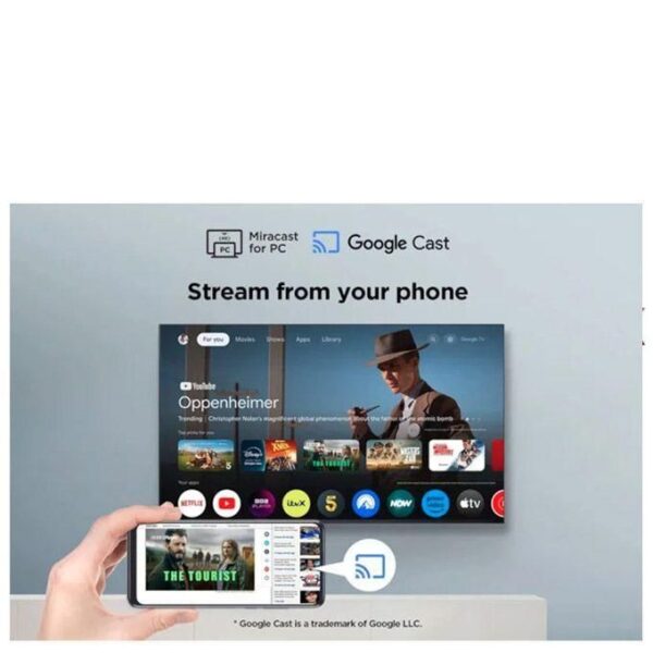 A hand holds a smartphone casting content to a large TV screen via Google Cast and Miracast, with streaming apps visible on the TV.