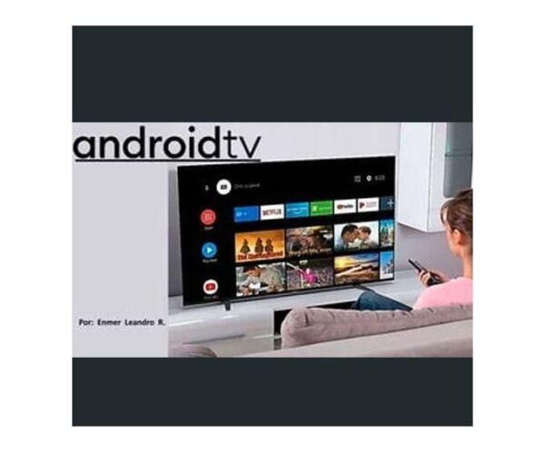 Living room scene with a person sitting on a sofa and using a remote to watch Android TV on a large flat-screen TV showing app thumbnails
