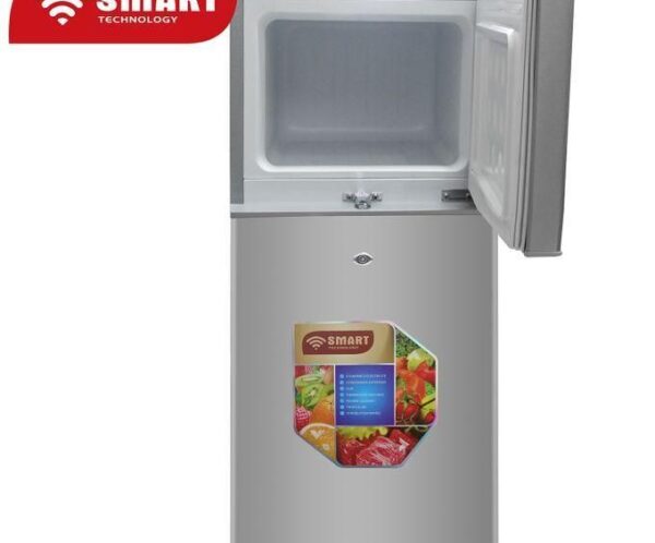 Two-compartment refrigerator with the top freezer door open and a SMART Technology label on the lower door