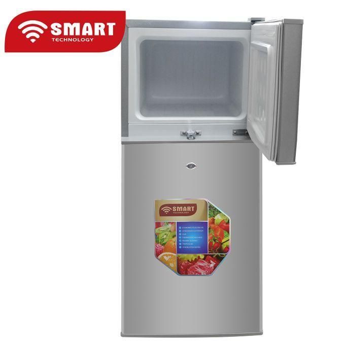 Two-compartment refrigerator with the top freezer door open and a SMART Technology label on the lower door